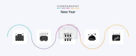 Téléchargez les illustrations : New Year Glyph 5 Icon Pack Including calendar. party. celebration. tray. cover - en licence libre de droit