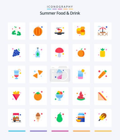 Téléchargez les illustrations : Creative Summer Food & Drink 25 Flat icon pack  Such As beach. alcohol. prawn. sweet. honey - en licence libre de droit
