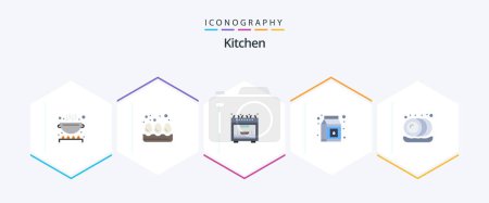 Téléchargez les illustrations : Kitchen 25 Flat icon pack including . plates. microwave. plate. pack - en licence libre de droit