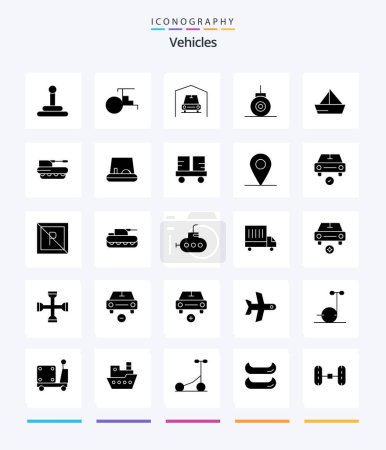 Téléchargez les illustrations : Creative Vehicles 25 Glyph Solid Black icon pack  Such As cannon. vehicles. car. ship. boat - en licence libre de droit
