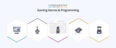 Ilustración de Gaming Genres And Programming 25 FilledLine icon pack including machine. engine. joystick. speed. game - Imagen libre de derechos