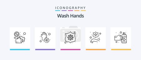 Illustration for Wash Hands Line 5 Icon Pack Including gestures. wash. glove. hands spray. alcohol. Creative Icons Design - Royalty Free Image
