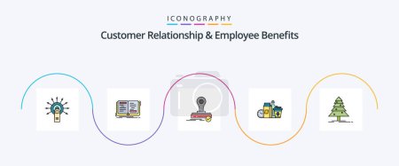 Téléchargez les illustrations : Customer Relationship And Employee Benefits Line Filled Flat 5 Icon Pack Including items. items. writing. food. press - en licence libre de droit