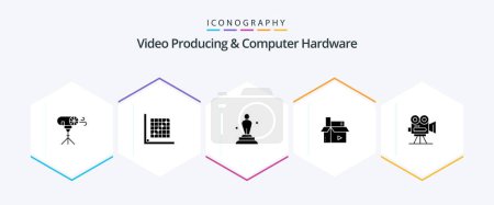 Illustration for Video Producing And Computer Hardware 25 Glyph icon pack including media. creative. grid. content. statue - Royalty Free Image