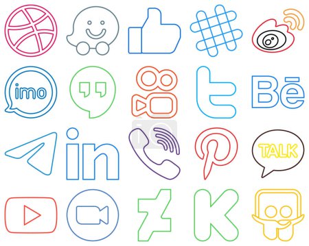 Illustration for 20 Attractive and creative Colourful Outline Social Media Icons such as behance. twitter and kuaishou Clean and professional - Royalty Free Image