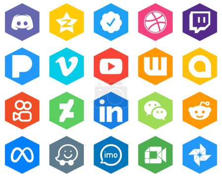 Illustration for 20 Customizable White Icons kuaishou. wattpad. dribbble. video and video Hexagon Flat Color Backgrounds - Royalty Free Image