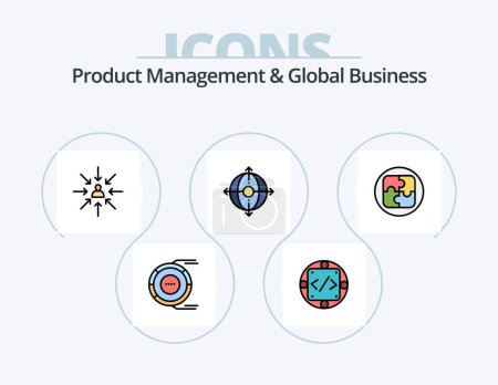 Illustration for Product Managment And Global Business Line Filled Icon Pack 5 Icon Design. planning. phases. focus. development. open box - Royalty Free Image