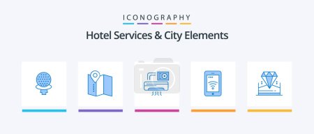 Téléchargez les illustrations : Hotel Services And City Elements Blue 5 Icon Pack Including jewel. brilliant. aircondition. wifi. sign. Creative Icons Design - en licence libre de droit