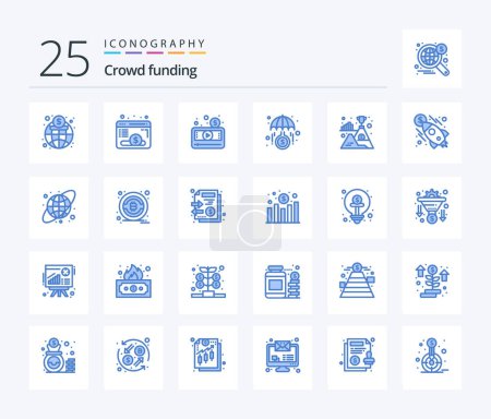 Téléchargez les illustrations : Crowdfunding 25 Blue Color icon pack including flag. invest. money. growth. video - en licence libre de droit