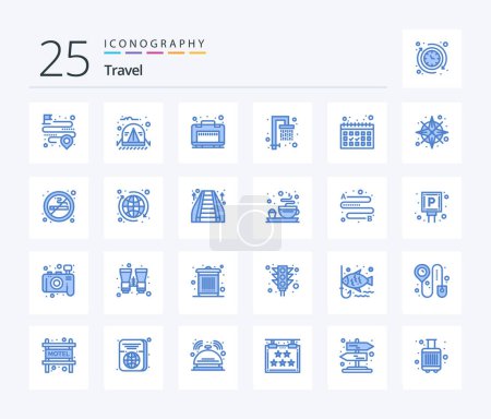 Ilustración de Travel 25 Blue Color icon pack including compass. dates. case. calendar. water - Imagen libre de derechos