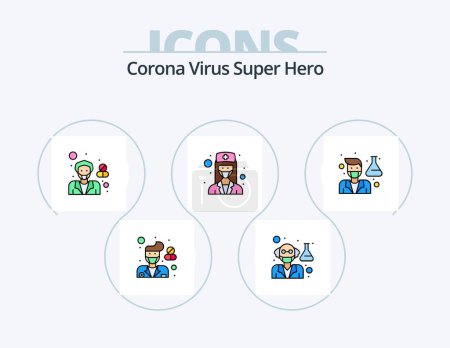 Téléchargez les illustrations : Corona Virus Super Hero Line Filled Icon Pack 5 Icon Design. doctor. pharmacist. muslim doctor. hospital. care - en licence libre de droit