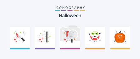 Téléchargez les illustrations : Halloween Flat 5 Icon Pack Including pumpkin. face. bloody knife. smiley. face. Creative Icons Design - en licence libre de droit