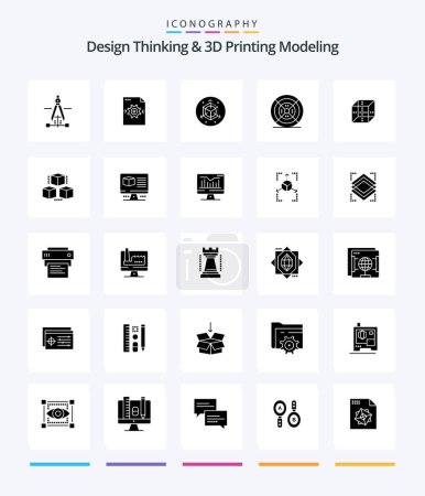 Illustration for Creative Design Thinking And D Printing Modeling 25 Glyph Solid Black icon pack  Such As computing. box. scale. print. filament - Royalty Free Image