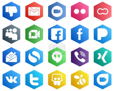 Illustration for 25 White Hexagon Flat Color Icons such as google meet. myspace and mothers icons. Business and Marketing - Royalty Free Image