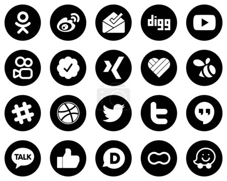 Ilustración de 20 Elegant White Social Media Icons on Black Background such as tweet. dribbble. video. spotify and likee icons. Creative and eye-catching - Imagen libre de derechos