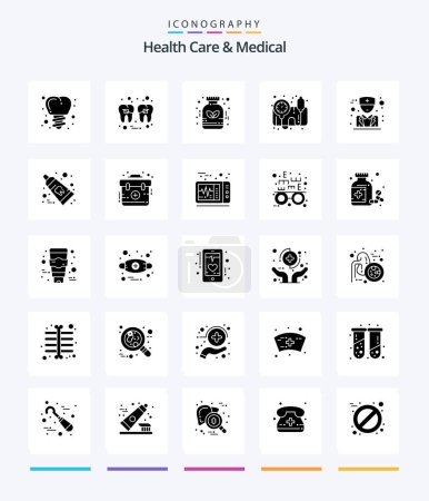 Téléchargez les illustrations : Creative Health Care And Medical 25 Glyph Solid Black icon pack  Such As physician. doctor. alternative. bp monitor. blood pressure operator - en licence libre de droit