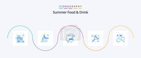 Téléchargez les illustrations : Summer Food and Drink Blue 5 Icon Pack Including cherry. lollypop. food. lollipop. juice - en licence libre de droit