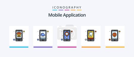 Téléchargez les illustrations : Mobile Application Line Filled 5 Icon Pack Including mobile. shoping. data. online shop. buy. Creative Icons Design - en licence libre de droit