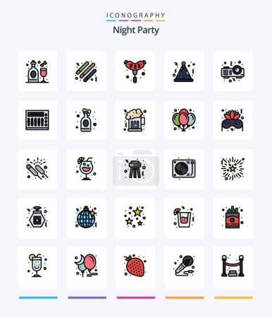 Ilustración de Creative Night Party 25 Line FIlled icon pack  Such As party. projector. bbq. night. hat - Imagen libre de derechos