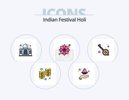 Téléchargez les illustrations : Holi Line Filled Icon Pack 5 Icon Design. phirni. india. fire. food. taj mahal - en licence libre de droit