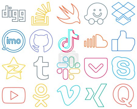 Illustration for 20 Modern Colourful Outline Social Media Icons such as video. imo. douyin and github High-resolution and versatile - Royalty Free Image
