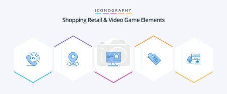Ilustración de Shoping Retail And Video Game Elements 25 Blue icon pack including gooods . truck . screen . sale. shopping - Imagen libre de derechos