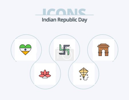 Téléchargez les illustrations : Indian Republic Day Line Filled Icon Pack 5 Icon Design. crackers. celebrate. culture. temple. indian - en licence libre de droit