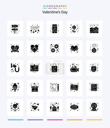 Téléchargez les illustrations : Creative Valentines Day 25 Glyph Solid Black icon pack  Such As heart badge. photography. love. love. rose - en licence libre de droit
