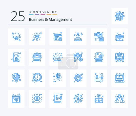 Illustration for Business And Management 25 Blue Color icon pack including business. bag. gear. network. hierarchical structure - Royalty Free Image