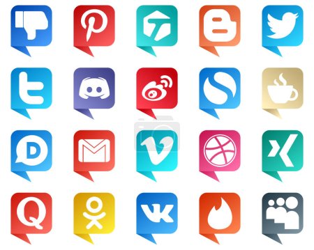 Illustration for 20 High Quality Chat bubble style Social Media Icons such as caffeine. discord. china and weibo icons. Unique and high definition - Royalty Free Image