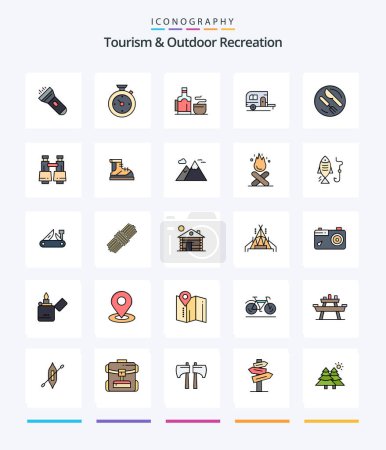 Téléchargez les illustrations : Creative Tourism And Outdoor Recreation 25 Line FIlled icon pack  Such As dish. travel. tea. camp. caravan - en licence libre de droit