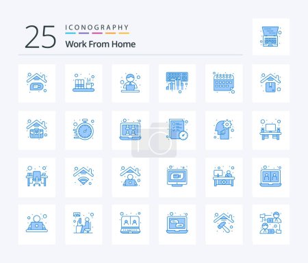 Téléchargez les illustrations : Work From Home 25 Blue Color icon pack including typing. keyboard. file. coding. time - en licence libre de droit
