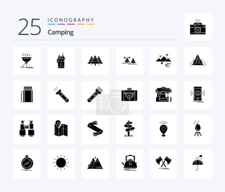 Téléchargez les illustrations : Camping 25 Solid Glyph icon pack including outdoor. mountains. camping. pines. jungle - en licence libre de droit
