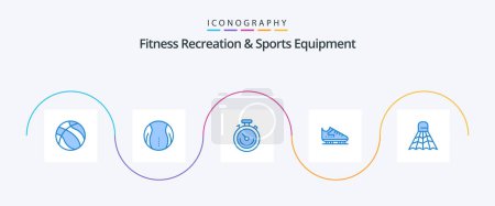 Ilustración de Fitness Recreation And Sports Equipment Blue 5 Icon Pack Including badminton. skates. clock. skate. boot - Imagen libre de derechos