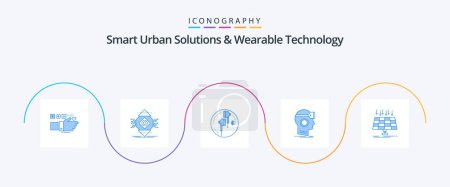 Téléchargez les illustrations : Smart Urban Solutions And Wearable Technology Blue 5 Icon Pack Including headset. vr. computer. music. phone - en licence libre de droit
