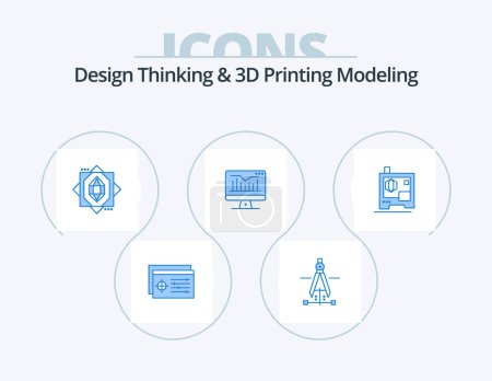 Illustration for Design Thinking And D Printing Modeling Blue Icon Pack 5 Icon Design. printingd. monitor. 3d. graph. computer - Royalty Free Image