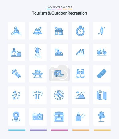 Illustration for Creative Tourism And Outdoor Recreation 25 Blue icon pack  Such As kayak. boat. building. hotel. timer - Royalty Free Image