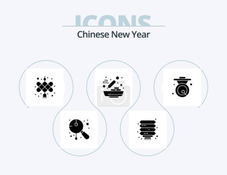 Ilustración de Chinese New Year Glyph Icon Pack 5 Icon Design. bell. soup. new year. food. bowl - Imagen libre de derechos