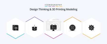 Illustration for Design Thinking And D Printing Modeling 25 Glyph icon pack including core. print. computer. printing. film - Royalty Free Image