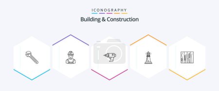 Téléchargez les illustrations : Building And Construction 25 Line icon pack including light. lighthouse. engineer. electronics. machine - en licence libre de droit