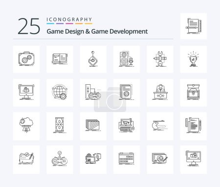 Illustration for Game Design And Game Development 25 Line icon pack including microphone. live. story. stick. gaming - Royalty Free Image