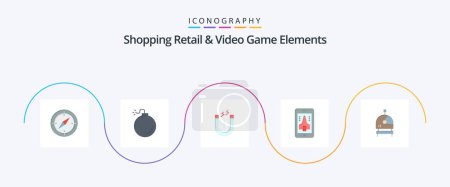 Téléchargez les illustrations : Shoping Retail And Video Game Elements Flat 5 Icon Pack Including space. astronaut. attract. smartphone. playing - en licence libre de droit