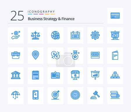 Illustration for Business Strategy And Finance 25 Blue Color icon pack including money. appointment. scale. calendar. money - Royalty Free Image