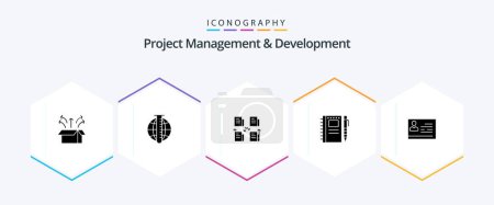 Téléchargez les illustrations : Project Management And Development 25 Glyph icon pack including notebook. sketch notebook . market. privacy. folder - en licence libre de droit