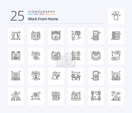 Téléchargez les illustrations : Work From Home 25 Line icon pack including online. live. tutorial. camera. sharing - en licence libre de droit