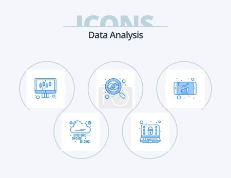 Ilustración de Data Analysis Blue Icon Pack 5 Icon Design. analytics. report. computer. monitoring. business - Imagen libre de derechos