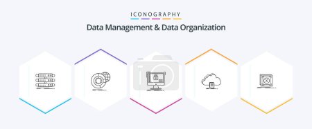 Ilustración de Data Management And Data Organization 25 Line icon pack including document. cloud. globe. data. safe - Imagen libre de derechos