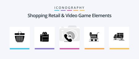 Téléchargez les illustrations : Shoping Retail And Video Game Elements Glyph 5 Icon Pack Including gooods . truck . telephone . cart. retail. Creative Icons Design - en licence libre de droit