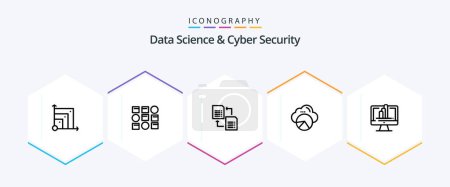 Illustration for Data Science And Cyber Security 25 Line icon pack including monitor. cloud scince. data. data scince. reporting - Royalty Free Image