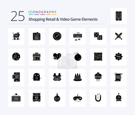 Téléchargez les illustrations : Shoping Retail And Video Game Elements 25 Solid Glyph icon pack including sword. gaming. compass. dice. type - en licence libre de droit